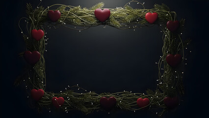 A festive rectangular frame made of green branches adorned with red hearts and twinkling lights on a dark background.