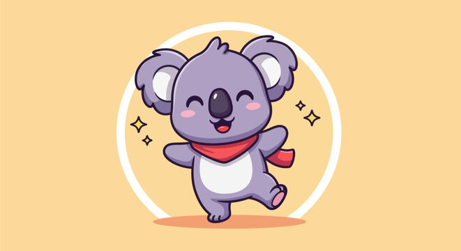 Cartoon koala smiling and dancing on yellow background illustration