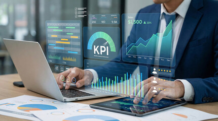 Business professional using KPI dashboard with AI-powered performance analytics, sales growth data,...