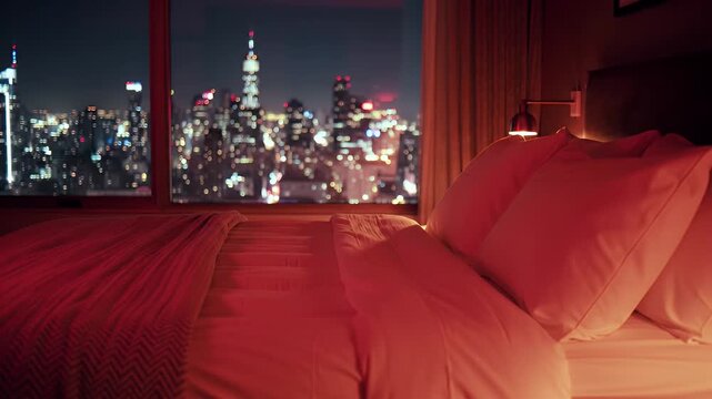 Nighttime city skyline visible from a cozy red-lit hotel bedroom across a rumpled white bed
