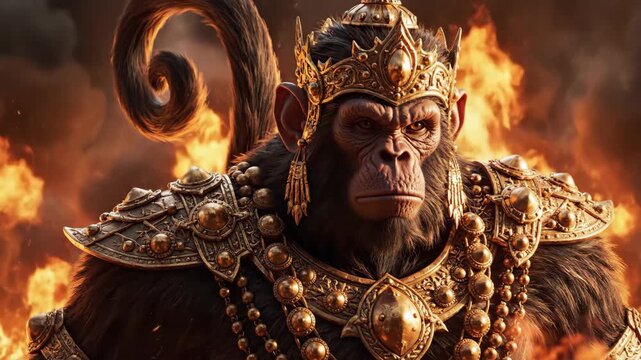 Intense digital art close-up of a powerful, golden-armored monkey deity standing against a fiery background.