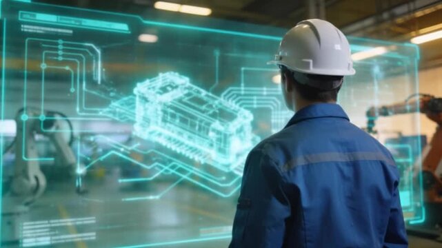 Engineer wearing a hard hat observing a glowing holographic schematic of a machine engine in a large factory or warehouse