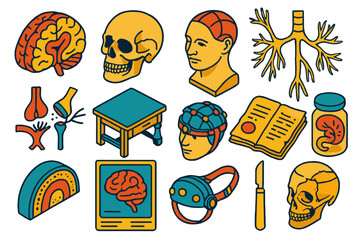 Vintage Neurology Icons. Isometric vector illustration set Vintage Neurology: brain hemisphere cross-section, aged skull anatomy,