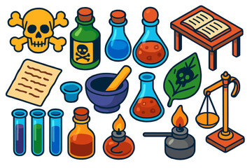 Vintage Toxicology Icons. Isometric vector illustration set Vintage Toxicology: skull with crossbones, poison vial, antidote glass