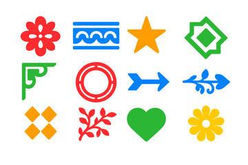 Bright Ornament Icons. Flat vector icons of Letterpress Ornaments: floral ornament, border strip, star ornament, geometric