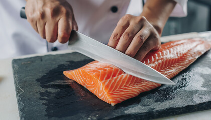 Professional chef cutting a large salmon fillet on a wet black slate board, close-up of hands slicing fresh raw fish for sushi or sashimi.