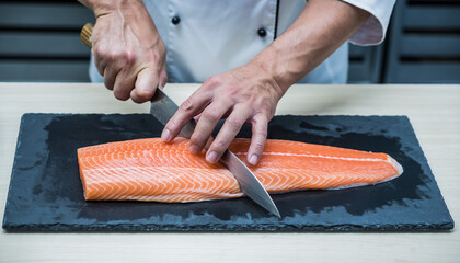 Chef cutting a large salmon fillet on a slate board, close-up of hands using a sharp knife to prepare raw fish for sushi or sashimi.