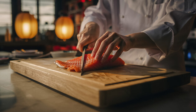 Chef slicing fresh salmon fillet with a sharp knife on a wooden board in warm restaurant lighting. Close-up hands preparing fish for sushi or sashimi. - Powered by Adobe