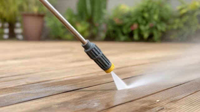 High-Pressure Water Spray Cleaning Wooden Deck Surface with Jet Nozzle Tool and Fine Mist Effect Capturing Detailed Action 4k video footage
