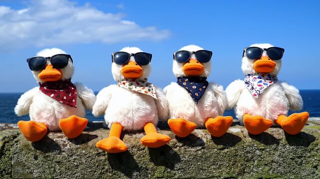 Four cartoon penguin figurines wearing sunglasses stand in a row on a rocky ledge by the sea with bright orange heart props