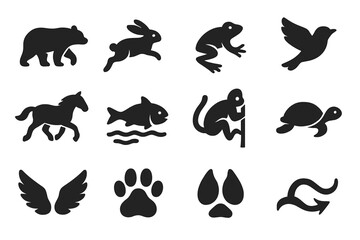 Animal Movement Icons. Solid style icons of animal locomotion types: walking, running, jumping, flying, galloping, swimming,