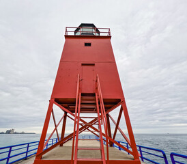 The Charlevoix South Pier Lighthouse, a beautiful red beacon on Lake Michigan. A historical landmark, and placed on the National Register of Historic Places in 2005.