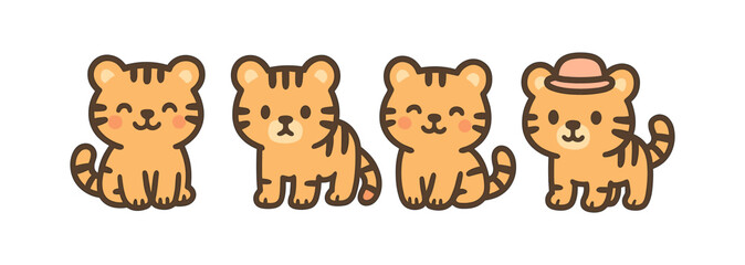 Fototapeta premium Adorable cartoon tigers with hat in cute style - playful animal characters for kids