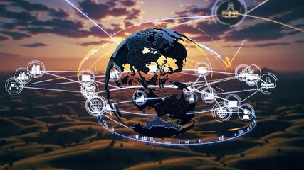 A digital globe is surrounded by various icons, showcasing global connectivity and technology against a sunset background. This digital globe highlights interconnectedness and the flow of information. - Powered by Adobe