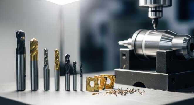 Focused shot of drill bits and cutting inserts arranged near a railgun sabot machining workstation ready for use.