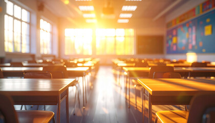 Sunlit Classroom: Golden sunlight streams into an empty classroom, illuminating rows of desks and creating a sense of anticipation and the promise of new knowledge.