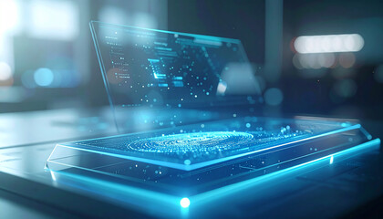 Future Tech Showcase: A mesmerizing display of cutting-edge technology featuring a sleek, transparent laptop that glows with futuristic data visualizations.