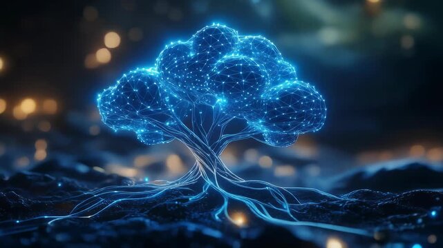 Blue glowing neural tree visualization in digital forest.