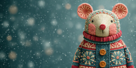 Stylized winter mouse in colorful patterned coat with rosy cheeks and stitched textures..Great for festive marketing, DIY product showcases, or handmade decor catalogs.