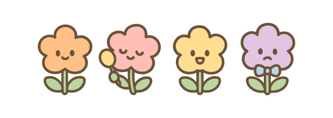 Obraz premium Cute pastel cartoon flowers with expressive faces and green leaves