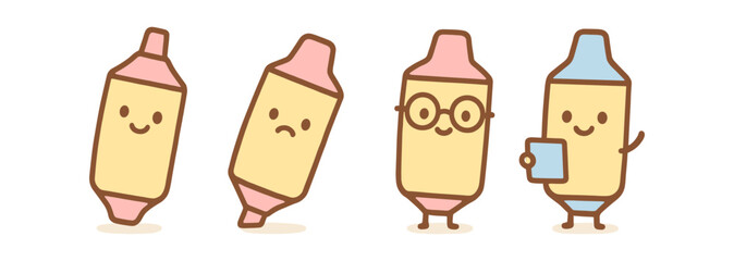 Adorable kawaii highlighters with cute expressions and accessories