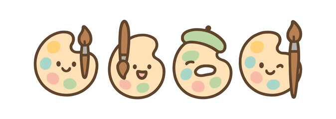 Cute palette characters with brushes and beret in pastel colors