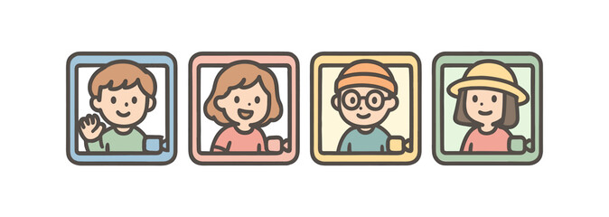 Fototapeta premium Cute cartoon avatars: diverse characters in pastel frames for social media profiles