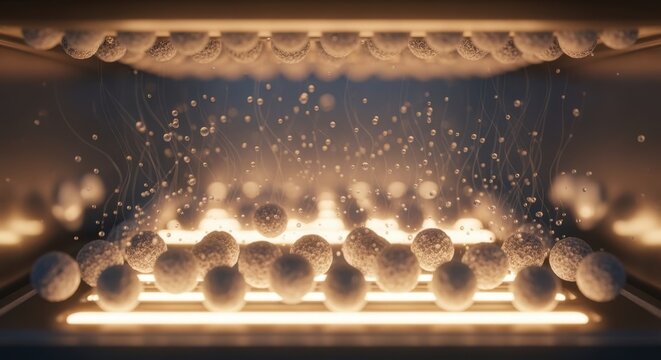 Slowmotion capture of sorbent beads inside regeneration chamber releasing absorbed CO2 molecules under precise thermal control conditions.
