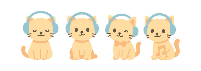 Cute cartoon cats with headphones in playful expressions