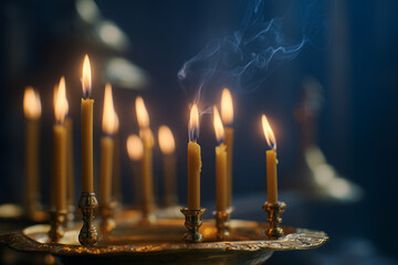 Golden orthodox candles glowing in dark interior with gentle smoke