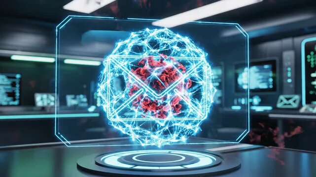 Bright holographic imagery highlights the threat of phishing as a red virus expands, showcasing how cyber risks evolve and can be contained in a high-tech environment.