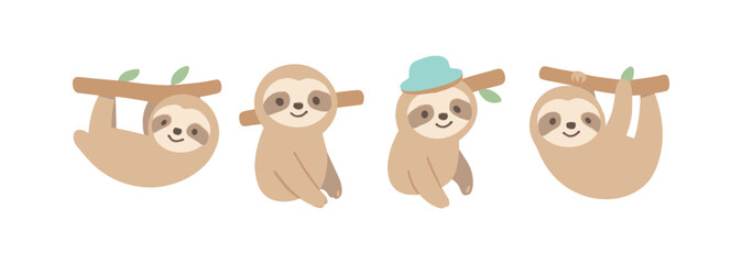 Fototapeta premium Cute sloth characters with playful expressions and poses on branches
