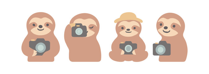 Fototapeta premium Adorable cartoon sloths with cameras in cute camera-ready poses