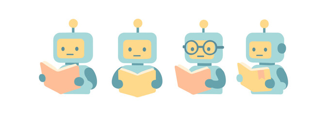 Obraz premium Cute robots reading books with different expressions in pastel colors