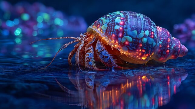 Vibrant Hermit Crab in Glowing Shell on Ocean Floor