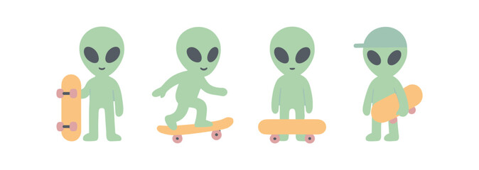 Obraz premium Cute aliens skateboarding: fun cartoon characters with skateboards