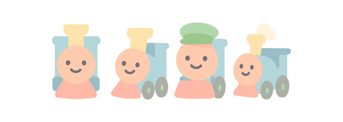 Cute cartoon trains with smiling faces for kids' playful designs