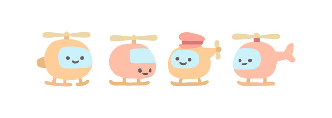 Cute cartoon helicopters with smiling faces in pastel colors