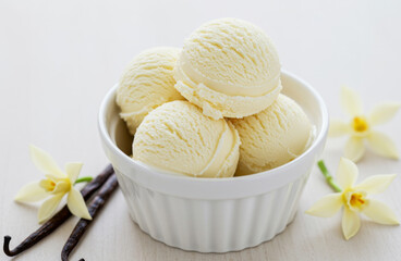 Close-up of a white bowl filled with three scoops of cookie vanilla ice cream, garnished with a cookies