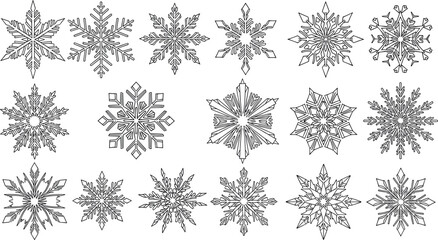 Set of unique black and white snowflakes on isolated background for winter decoration
