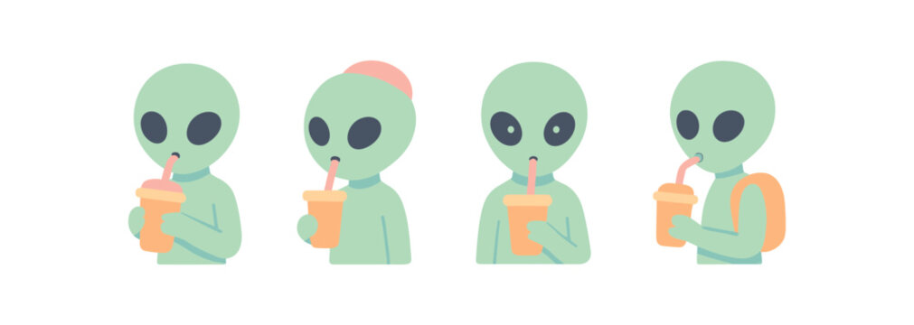 Cute aliens enjoying drinks in minimalist flat design