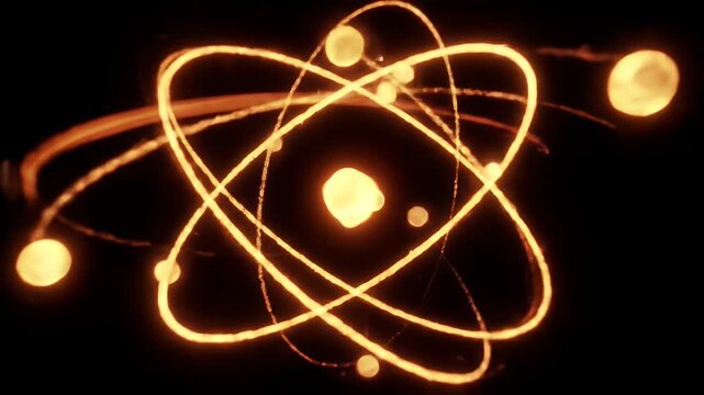 Glowing Neon Atomic Model with Intersecting Orbits and Energetic Particles Against a Dark Space Background