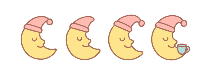 Cute cartoon phases of the sleeping moon with pajama hat in pastel colors