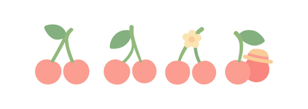 Cute cherry icons with decorative elements in flat design