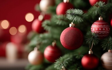 Obraz premium Christmas decorations with red and gold ornaments on a green pine tree branch festive holiday.