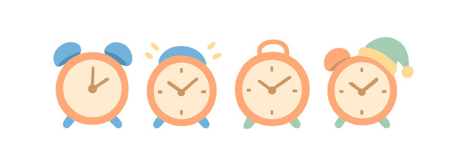 Collection of cute cartoon alarm clocks with various hats and styles for morning wakeup