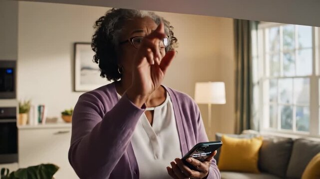 A caring grandparent interacts with a smart device while a safety gadget lights up. Their cozy living room offers comfort and warmth. Technology bridges the gap for family connection.
