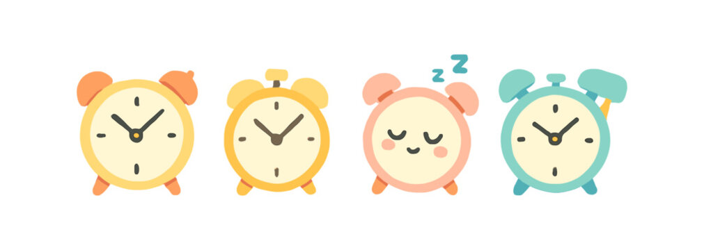 Cute cartoon alarm clocks in pastel colors with sleepy expressions