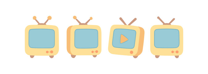 Retro television icons with play button in pastel colors on white background
