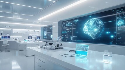 Futuristic clean laboratory with holographic displays and world map visualization. - Powered by Adobe